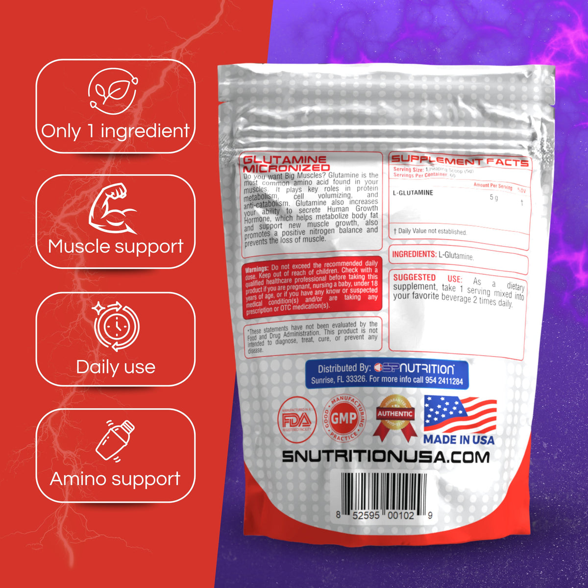 L-Glutamina Micronizada en Polvo 300g | 5g Por Porción | 60 Porciones | SP Nutrition