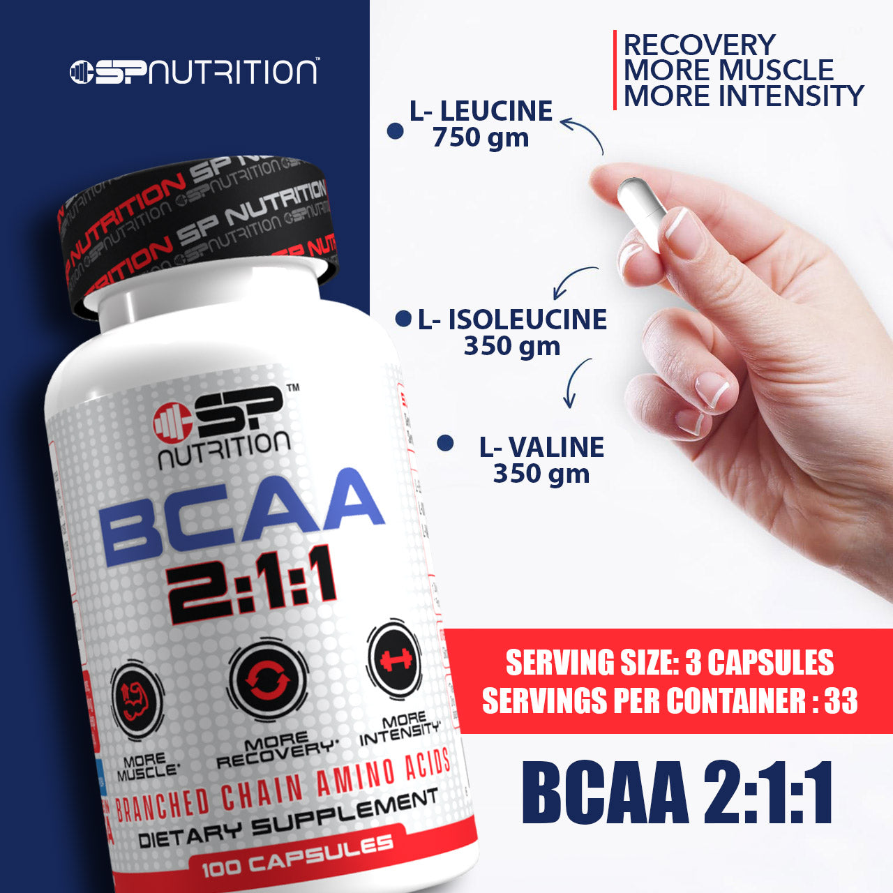 BCAA 2:1:1 Capsules – Muscle Recovery & Endurance Support – 750mg L-Leucine, 350mg L-Isoleucine & L-Valine – 100 Vegetarian Capsules