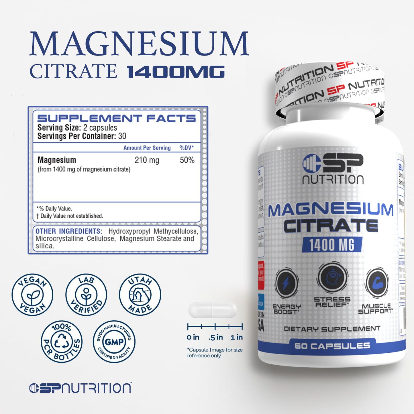 Magnesium Citrate 1400 mg – High Absorption Magnesium Supplement for Energy, Muscle Relaxation, Sleep & Bone Health – 2 Capsules Per Serving – Non-GMO, Gluten-Free