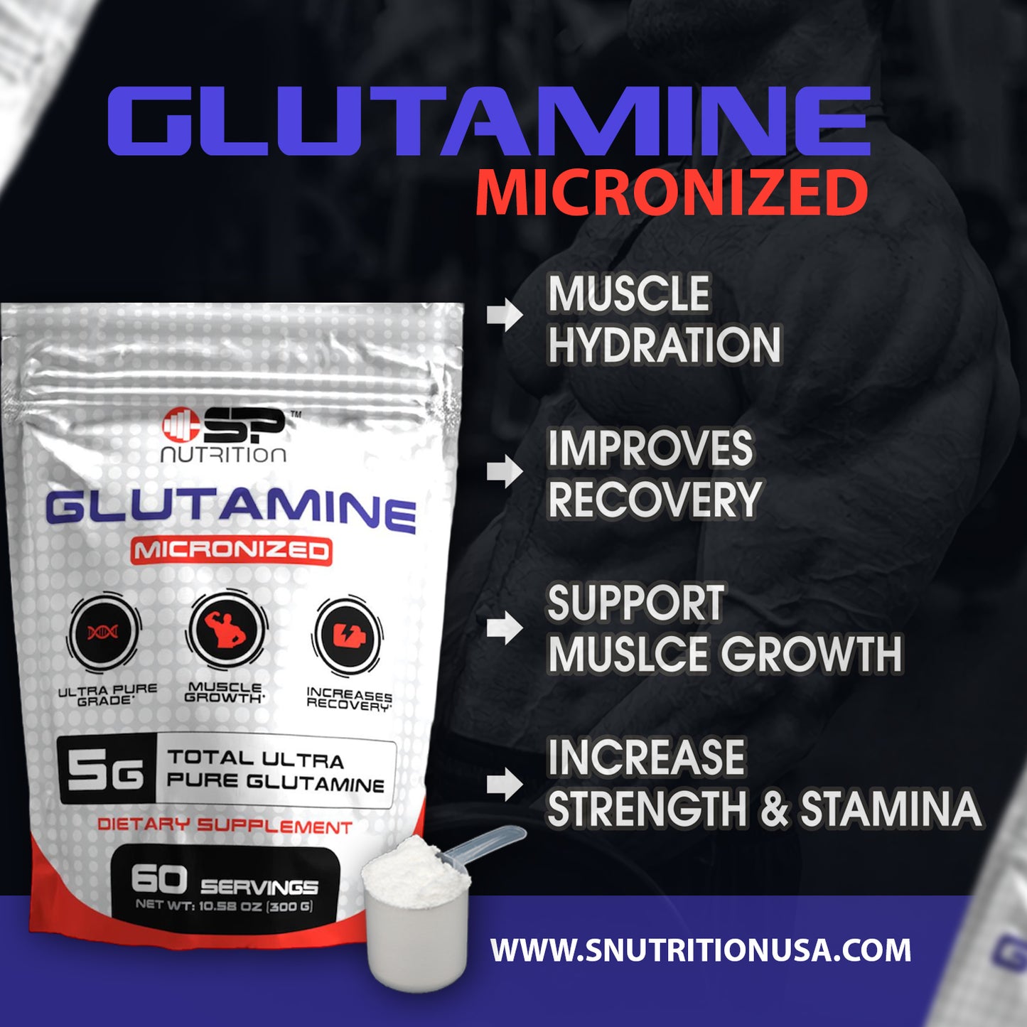 Glutamine Micronized Powder (300 Grams) Unflavored - Gluten Free & Non-GMO, 60 Servings