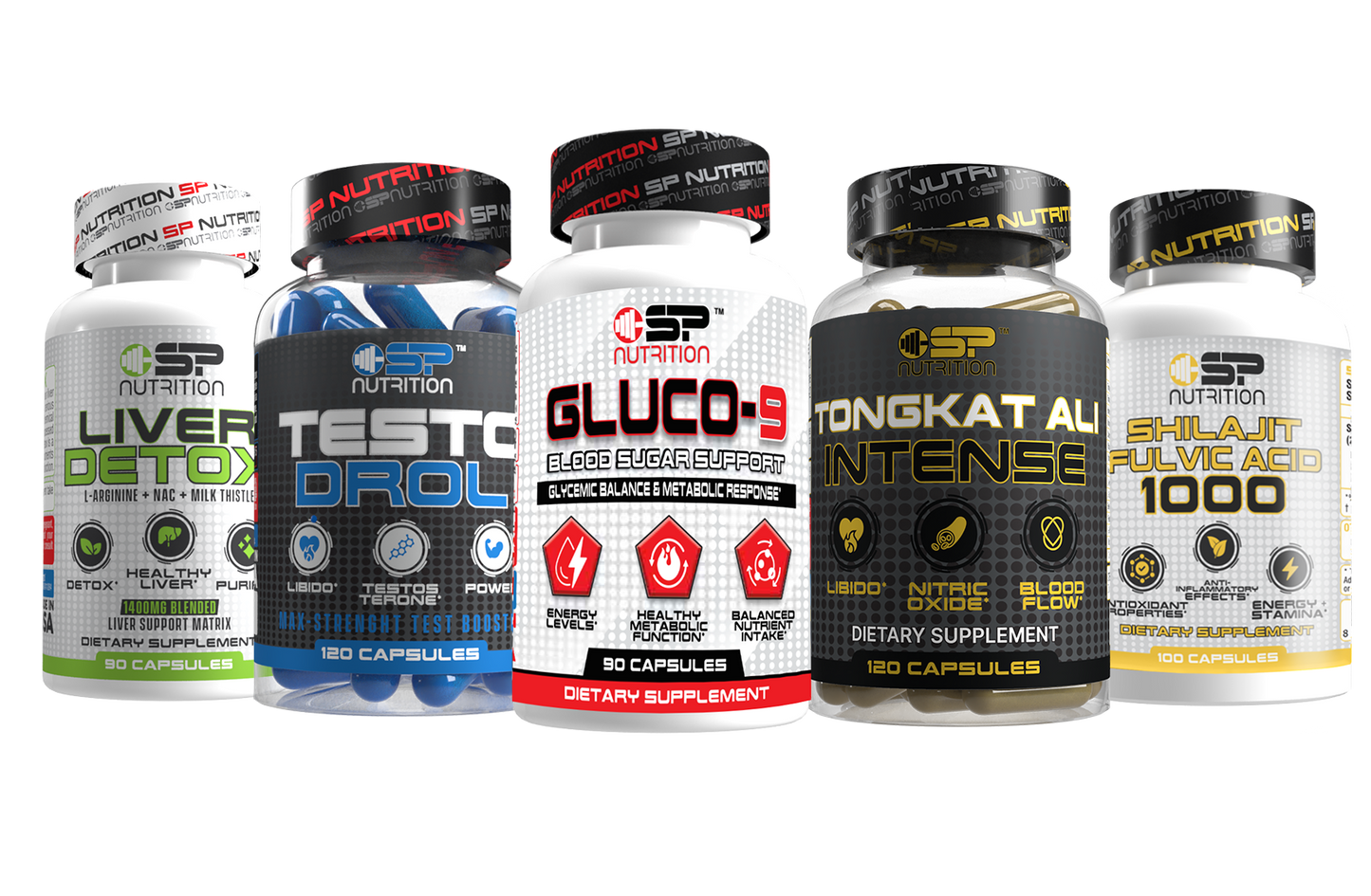 GLUCO 9 + SHILAJIT FULVIC ACID 1000 + TESTODROL + TONGKAT ALI INTENSE + LIVER DETOX + OMEGA 1000 FREE
