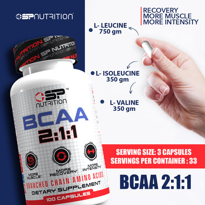 BCAA 2:1:1 Capsules – Muscle Recovery & Endurance Support – 750mg L-Leucine, 350mg L-Isoleucine & L-Valine – 100 Vegetarian Capsules