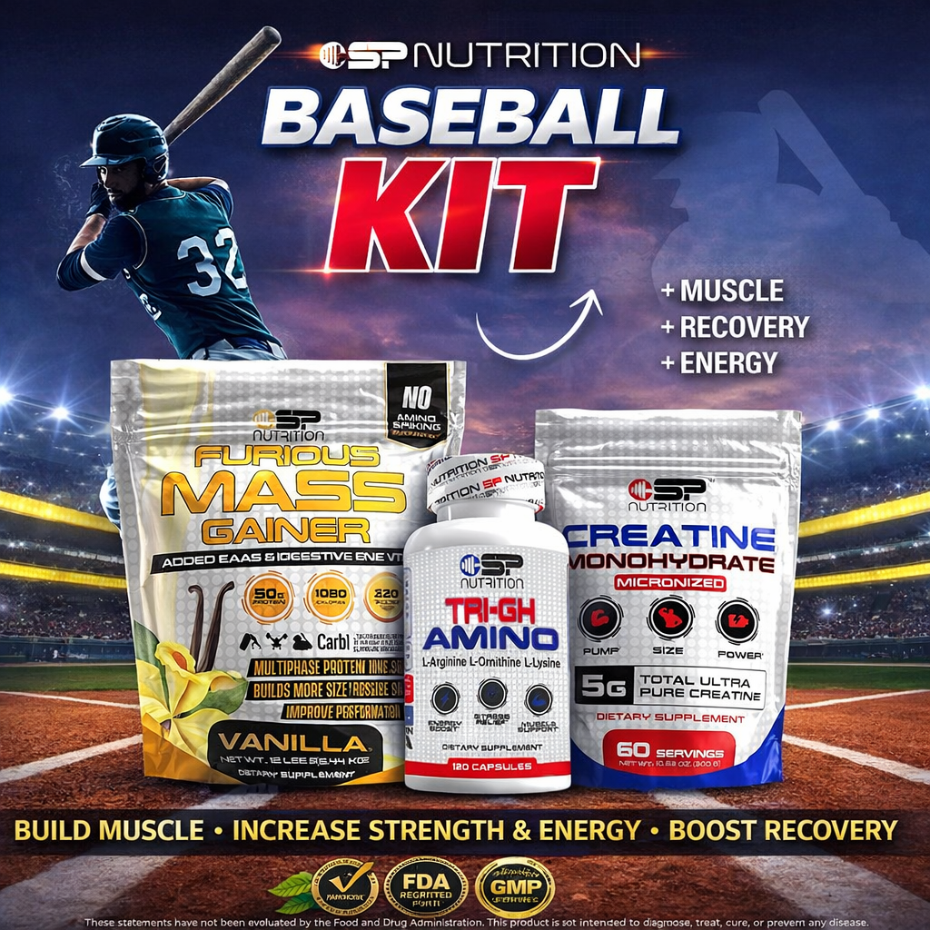 TRI-GH AMINO + FURIOUS MASS GAINER + Creatine Monohydrate – Baseball Strength & Mass Kit