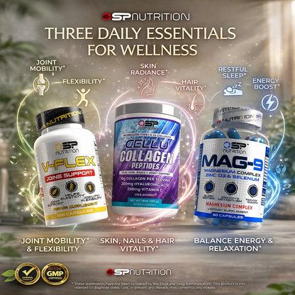 V-FLEX + Cellu Collagen + MAG-9 + OMEGA 1000 FREE – Joint, Skin & Recovery Support System