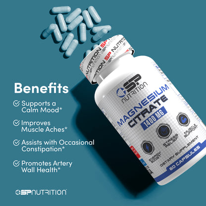 Magnesium Citrate 1400 mg – High Absorption Magnesium for Energy, Muscle Relaxation, Sleep & Bone Support – 2 Capsules Per Serving