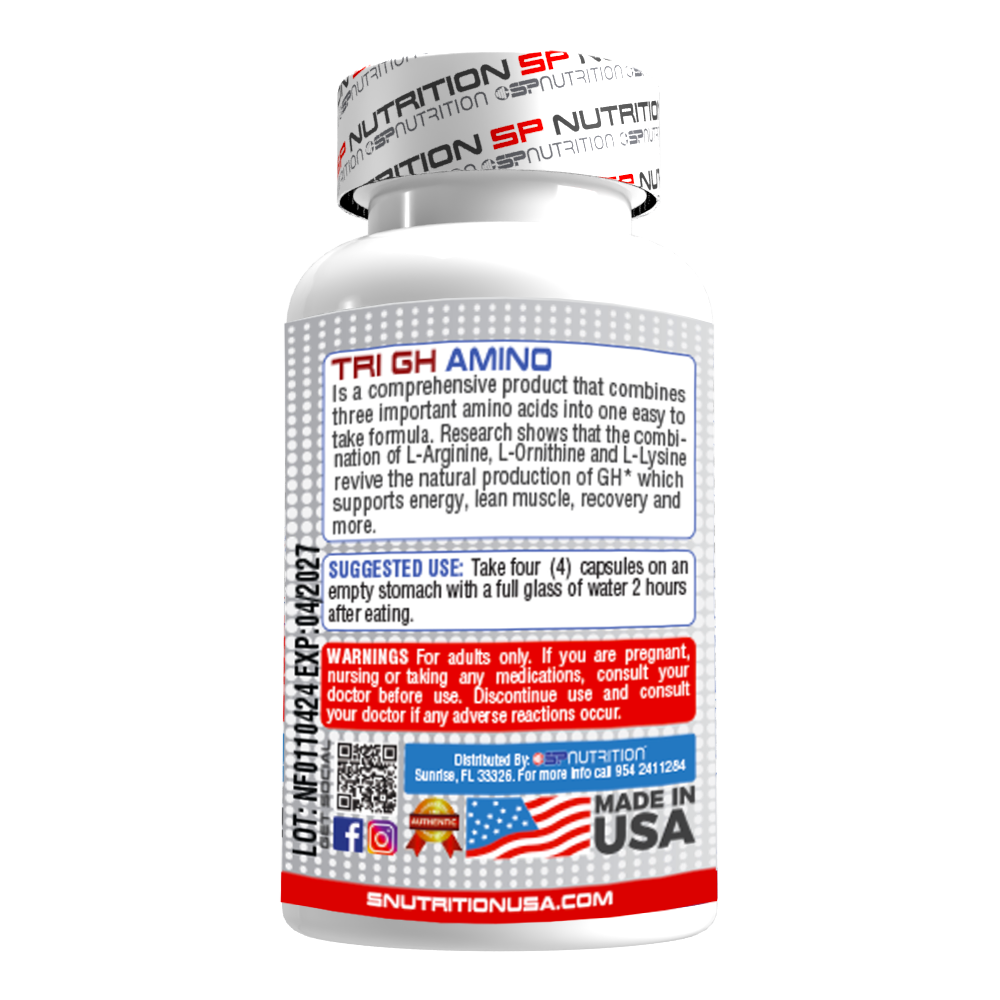 TRI-GH AMINO,  L-Arginina, L-Ornitina, L-Lisina, and Gamma Oryzanol, 120 Capsules