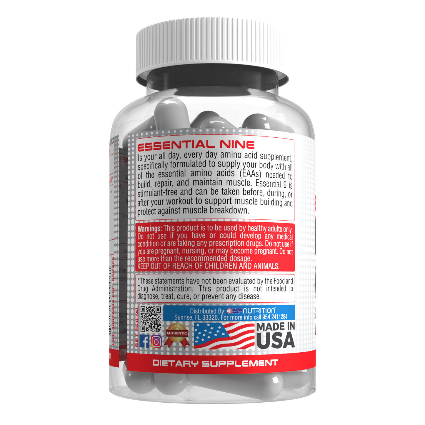 ESSENTIAL NINE 120 CAPSULES, All 9 Essential Amino Acids Supplement. For Muscle Recovery, Growth.